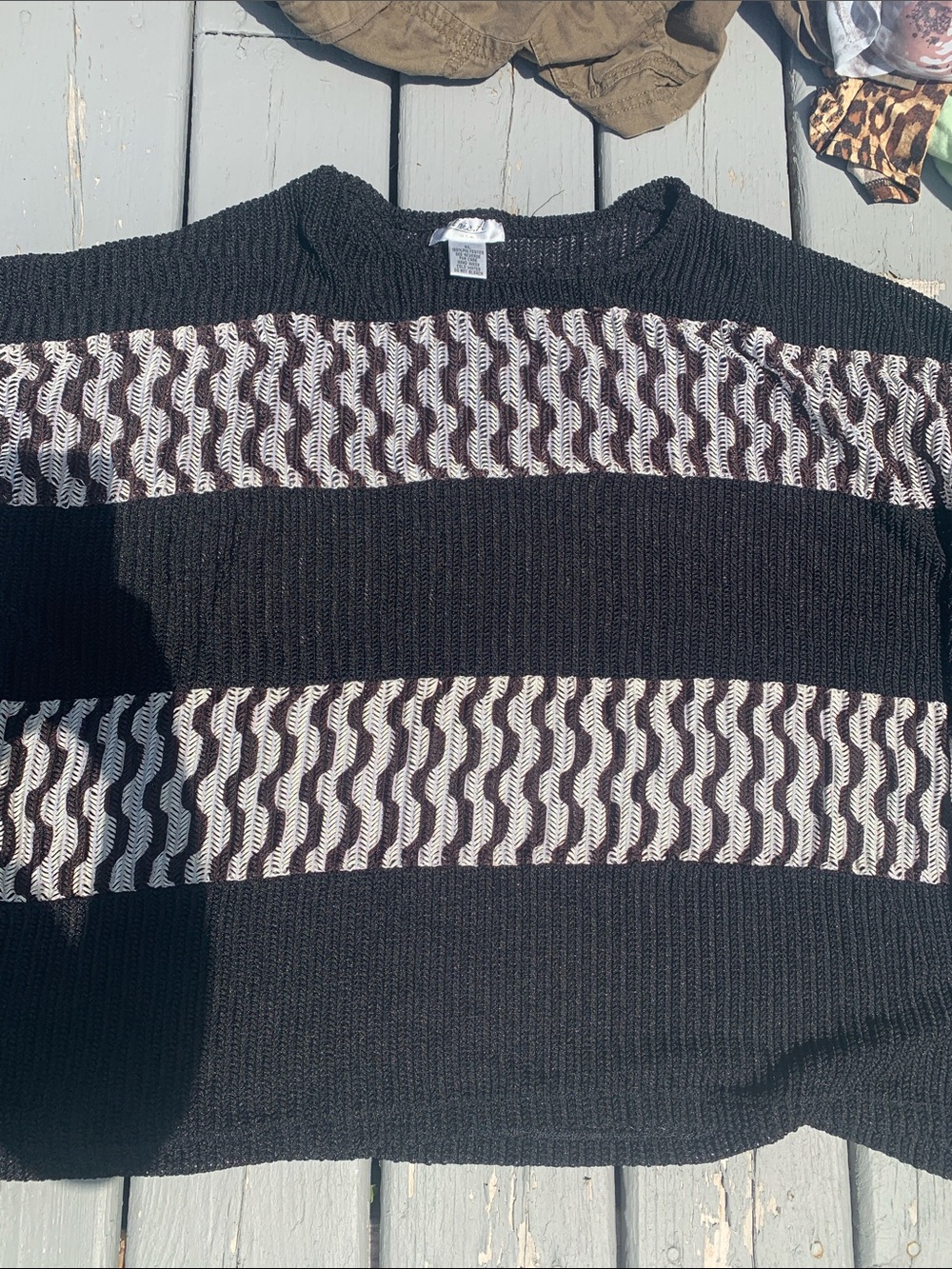 Women's Black Crewneck Knit Top with Cream Wave Stripe